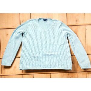 Karen Scott Sweater Womens XL Dusty Blue 100% Cotton Cable Knit V-Neck Pullover